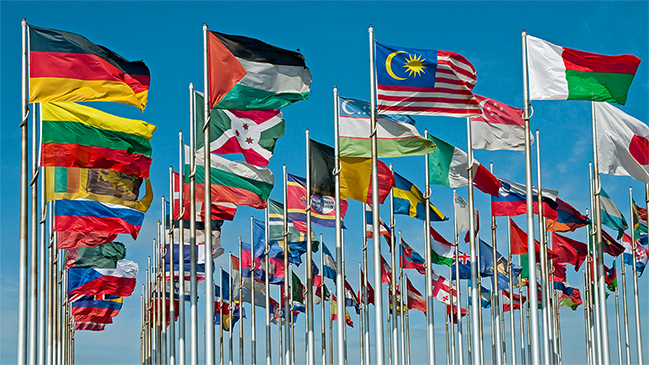 Viele Länder Flaggen (verweist auf: Internationale Zusammenarbeit)